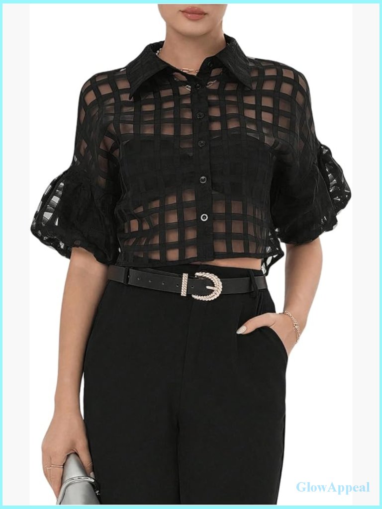 Sheer Mesh Button Down Crop Blouse Short Sleeve